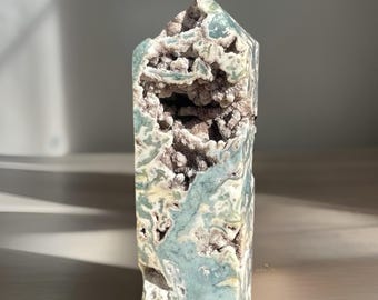 Moss Agate with Purple Mauve Sugar Druzy Statement Tower, Unique Natural Agate Crystal Point