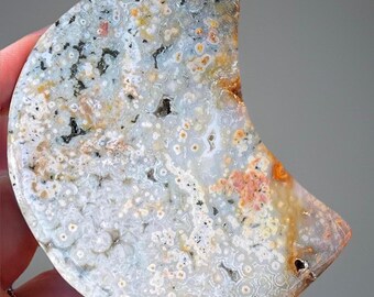 8th Vein Ocean Jasper Large Moon with Pink & Blue Orbs and Quartz  .• Jelly Orbicular Jasper AAA Crescent Moon • Natural Madagascar Jasper