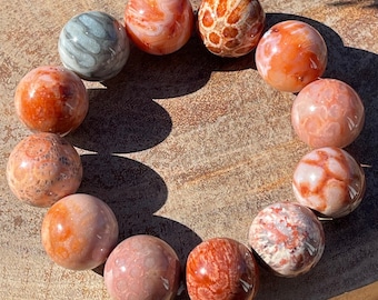 Fossilized coral Huge Bead Bracelet HQ Agatized Pink Orange Coral beads, Colorful Collectors petoskey stone gift