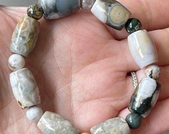 8th Vein Ocean Jasper Oval Barrel Beaded Bracelet, Orbicular Ocean Jasper Kabamby & old stock collectors edition Colorful 19mm beads, #32