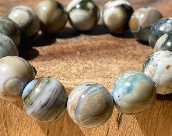 8th Vein Ocean Jasper Bracelet 14mm beads, Orbicular Ocean Jasper Jewelry