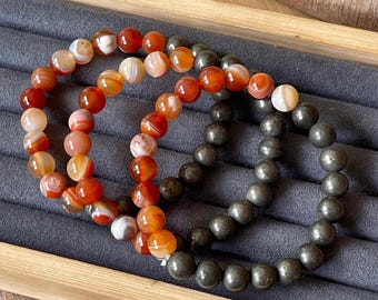 Carnelian Agate & Pyrite HQ Strech bracelet, 8mm crystal beads, Layering Jewelry