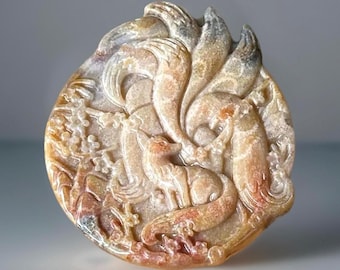 Agatized Coral 9 Tail Fox Hand carved Medallion Carving  - #5