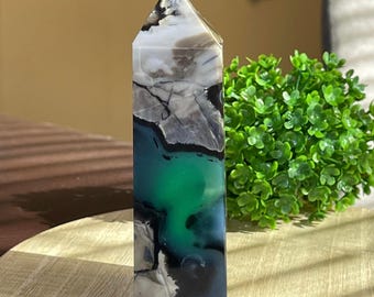 Volcano Agate Tower, Natural UV Polished Crystal Tower, Unique Crystal Point