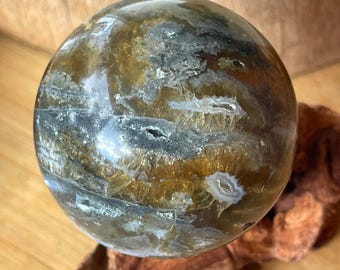 Fluorite Sphere with Marcasite & Blue Chalcedon – Inner Mongolia Gemstone Crystal ball, Collector Display, Mineral Specimen (479)