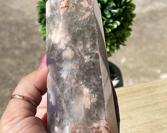 Prasiolite Flower Agate Tower,  Flower Agate Druzy, Green Amethyst Point, AAA Crystal