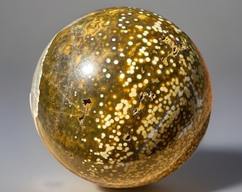 Orbicular Ocean Jasper XXL Sphere (74mm) with Quartz Window – Madagascar Vein – Yellow Orb Crystal Ball