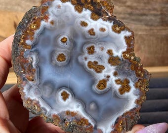 Turkish Blue Tube Agate Nodule Slice, Dendritic Agate with Golden Inclusions, Natural Chalcedony Slab, Collector Grade Agate, Ankara Çubuk