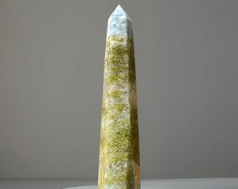Epidote & Blue Calcite Slender Statrment Tower - Sky Blue and Earthy Green Tall Crystal Point, Gemmy Rare Obelisk 7.4 inches