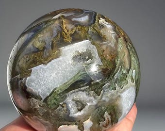 Moss Agate Sphere XXL Statement Crystal with Druzy pockets and Quartz
