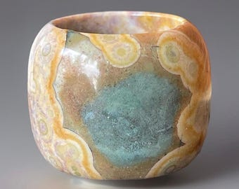 Orbicular Ocean Jasper Thick Handcarved Ring, Pastel Bubble Jasper Crystal Pendant (422)