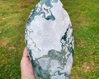 Moss Agate Statement Flame, Unique Natural Green White Agate Flame 3.LB 12.4 Oz