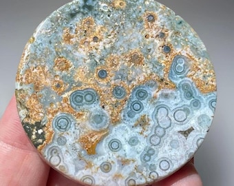 Blue Ocean Jasper Round Disk, Natural Bubble Jasper 8th vein, Polished Orbicular Jasper Slice, Orb Jasper Flat Crystal