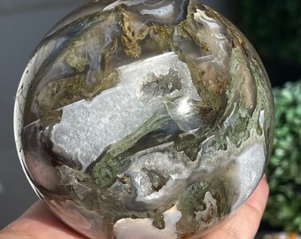 Moss Agate Sphere XXL Statement Crystal with Druzy pockets and Quartz