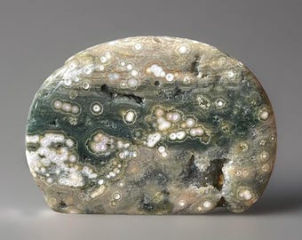 7th Vein Ocean Jasper Big Freeform with Pink Orbs Bubbles and Green Rainbow Quartz, Druzy Ocean Orbicular Jasper Rounded Flame
