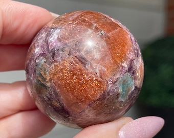 Arusha Sunstone Gem Lepidolite Blue Apatite Sphere with Rainbow Confetti, Unique Rare Crystals, Collectible Gems - #95
