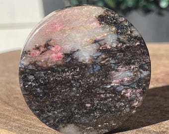 Natural Rhodonite in Quartz Matrix Polished Disk Stone, Pink Manganese Crystal with Dark Oxide Veins, Collector Mineral Round