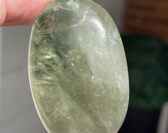 Prasiolite Palm Stone with Rainbows, Green Quartz Carved Pocket Travel Crystal, #11