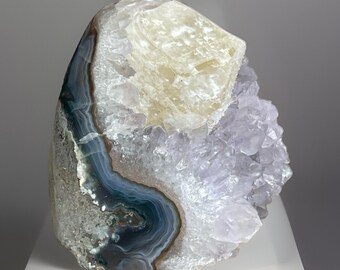 Amethyst Cut Base with Calcite Growth, Natural Crystal Formation for Cabinet Display, Unique Collector Decor Piece, Brazilian Amethyst Geode