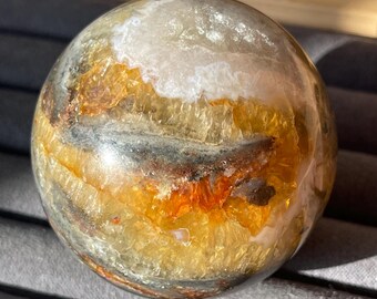 Fluorite Sphere with Pyrite & Chalcedony – Gemstone Crystal ball, Collector Display, Mineral Specimen (473)