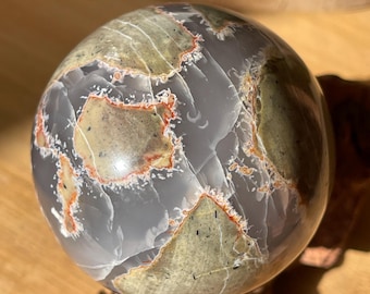 Football Agate Crystal Sphere, Volcano Agate Natural Stone Ball, Unique Gemstone Orb, Polished Rock for Metaphysical Home Decor (468)