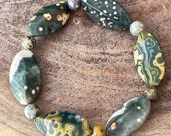 8th 7th 1st Vein Ocean Jasper Bracelet with Big Marquis shaped beads,  Orbicular Ocean Jasper old stock collectors edition