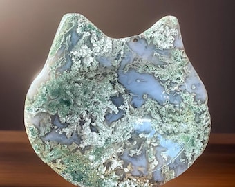 Moss Agate & Blue Chalcedony Large Cat Crystal Tray, Natural Stone Trinket Dish, Earthy Home Decor