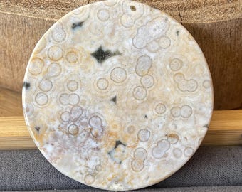 Orbicular Ocean Jasper Disc: Pastel Pink Madagascar Crystal Slice (58mm)