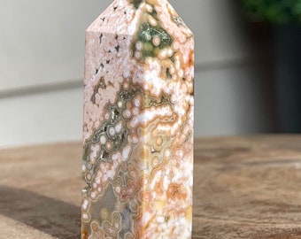 8th Vein Ocean Jasper Tower with Pink Orange Bubbles and Green Quartz Flowers, Druzy Ocean Orbicular Jasper Point, AAA Madagascar Jasper