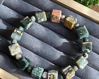 8th Vein Ocean Jasper Cube Beads Bracelet, Orbicular Jasper old stock old mine Jewelry, Stacking & Layering Bracelet