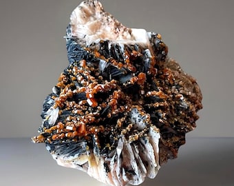 Red VANADINITE on BARITE with Black Hematite, Unique Crystal Specimen Morocco