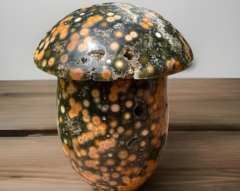 Veinless Ocean Jasper XL Mushroom with Green Quartz and Orange Orbs • Unique Madagascar Jasper - #93