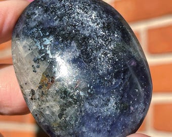 Iolite & Hematite Palmstone with Pink Silver Confetti, Rare Find Water Sapphire polished rock