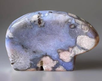 Blue & Pink Flower Agate Bear, Crystal Zuni Style Bear Carving, Spirit Animal Gift, Natural Stone Bear Sculpture