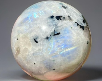 Rainbow Moonstone Sphere with BLUE & GREEN Tourmaline, Blue Flash HQ Crystal Ball, Natural Unique Moonstone, Polished Stone Home
