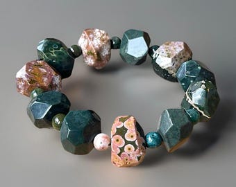 8th Vein Ocean Jasper Bracelet Big Faceted Nugget beads with Pink Orbs. Orbicular Ocean Jasper, old stock, collectors edition