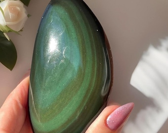 Emerald Green Rainbow Obsidian XL Palmstone – Rare Asymmetrical Crystal for Grounding & Meditation