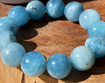 Aquamarine XXL Bead Bracelet | Big natural aquamarine 20 mm sphere bracelet | AAA Grade Aquamarine with a flash, tourmaline inclusions