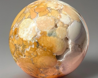 Spotted Agate Sphere with Dendritic inclusions: Orbicular Agate Crystal Ball with Quartz, White Eye Agate