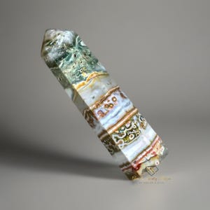 Orbicular Ocean Jasper Tower with Quartz Pink Flowers - No.52