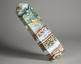 Orbicular Ocean Jasper Tower with Quartz Pink Flowers - No.52