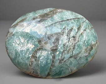 Amazonite Flat Palmstone, Flashy Blue Amazonite and Smoky Quartz Medallion, Hope Stone, Natural Crystal