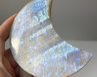Sage Green Moonstone XL Moon with BLUE & Silver Flash • Silky Green Moonstone Crescent Moon Carving • Unique Rare Crystal Find