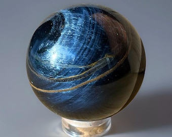 Blue Tiger’s eye Sphere, Natural Flashy Blue & Black Unique Crystal #98