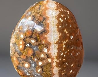 Jelly Ocean Jasper Egg, Polished Madagascar Ocean Jasper with Orange Orbs & Yellow Flowers, Orbicular Madagascar Carving (280)