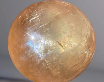 Optical Honey Calcite Sphere: Rainbow Flash, Cats Eye Chatoyant Crystal