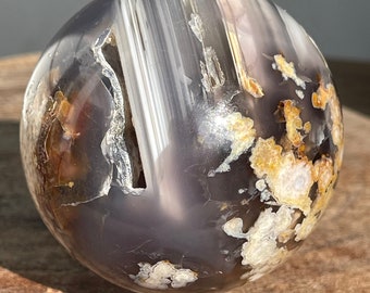 Black Flower Agate Sphere, Statement Crystal with Druzy Pockets and Flowers, HQ Collectors Crystals