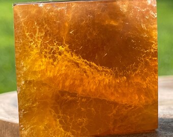 Orange Fluorite XL Cube with Beautiful Banding, HQ Yellow Fluorite Crystal Block - #D