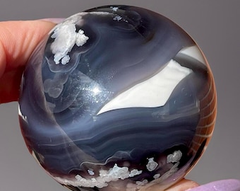 Black Flower Agate Sphere • Unique Black Agate Large Crystal Ball • Gift for Rock Collectors