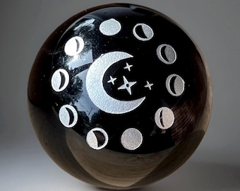 Black Obsidian Sphere with Etched Moon phases Crystal Ball - #8